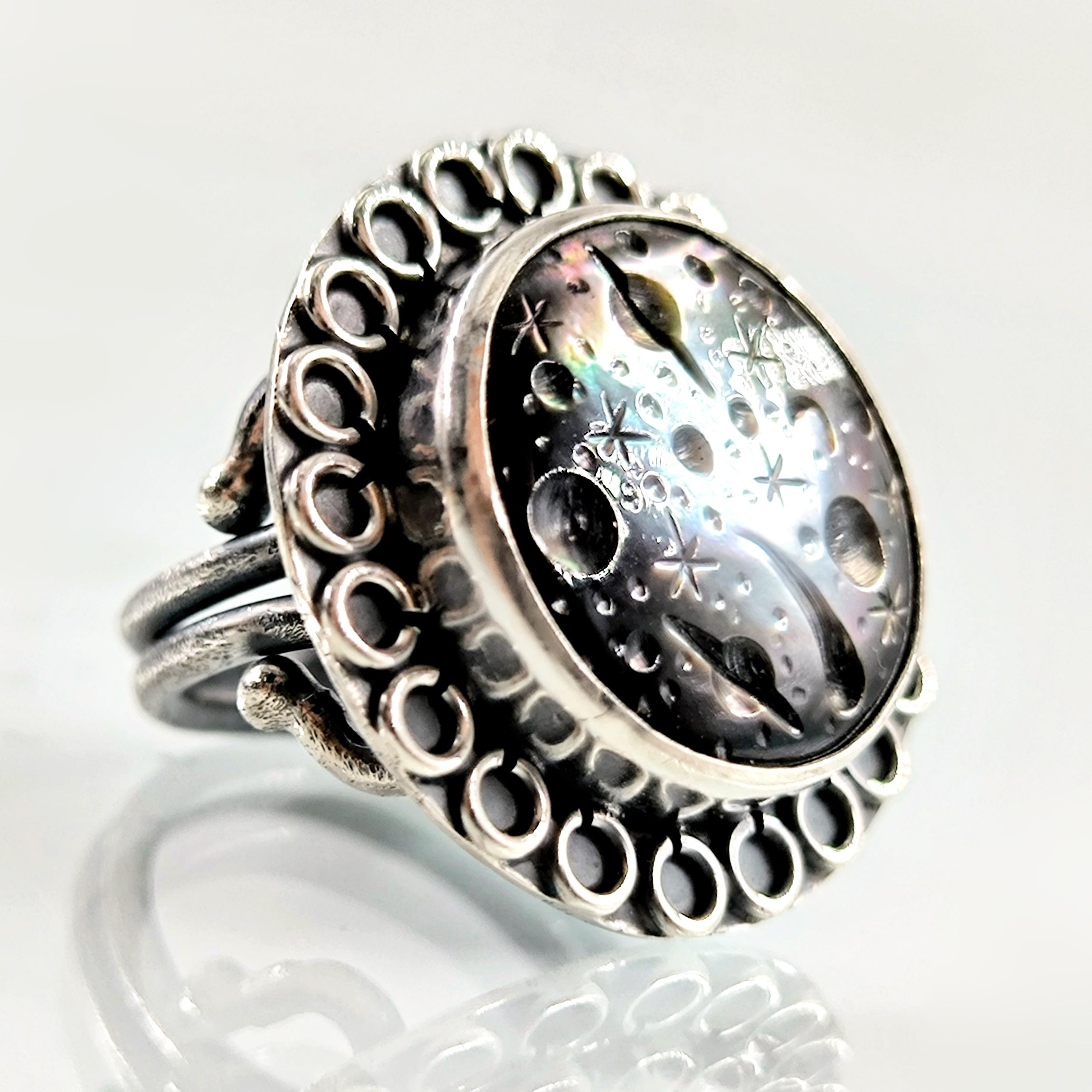 KOZMİK YOLCULUK ASTRONOMİK EVREN İNTAGLİO SEDEF YÜZÜK