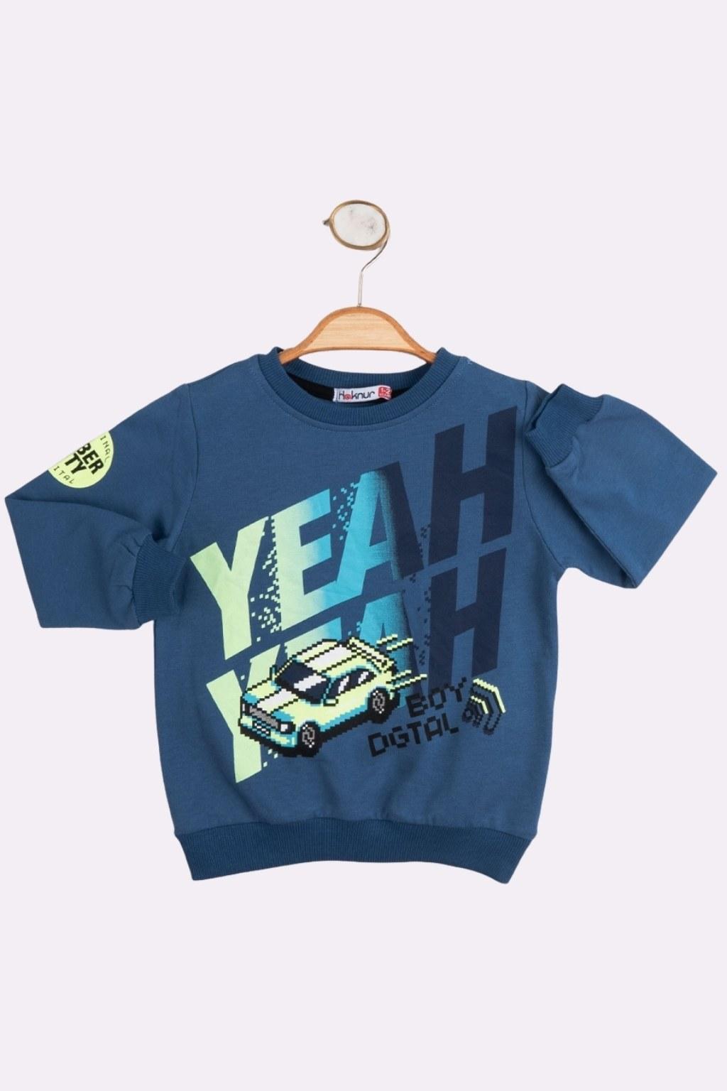 Erkek Çocuk 1-4 Yaş Düz Yakalı Baskılı Sweat İndigo