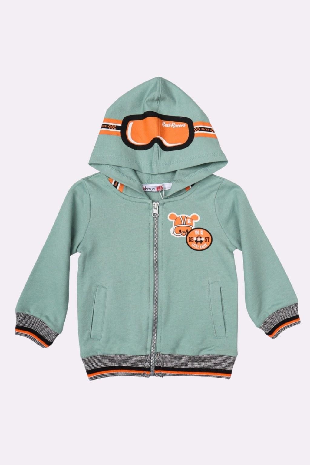 Erkek Çocuk 1-5 Yaş Kapüşonlu Gözlük Desenli Hırka Yeşil