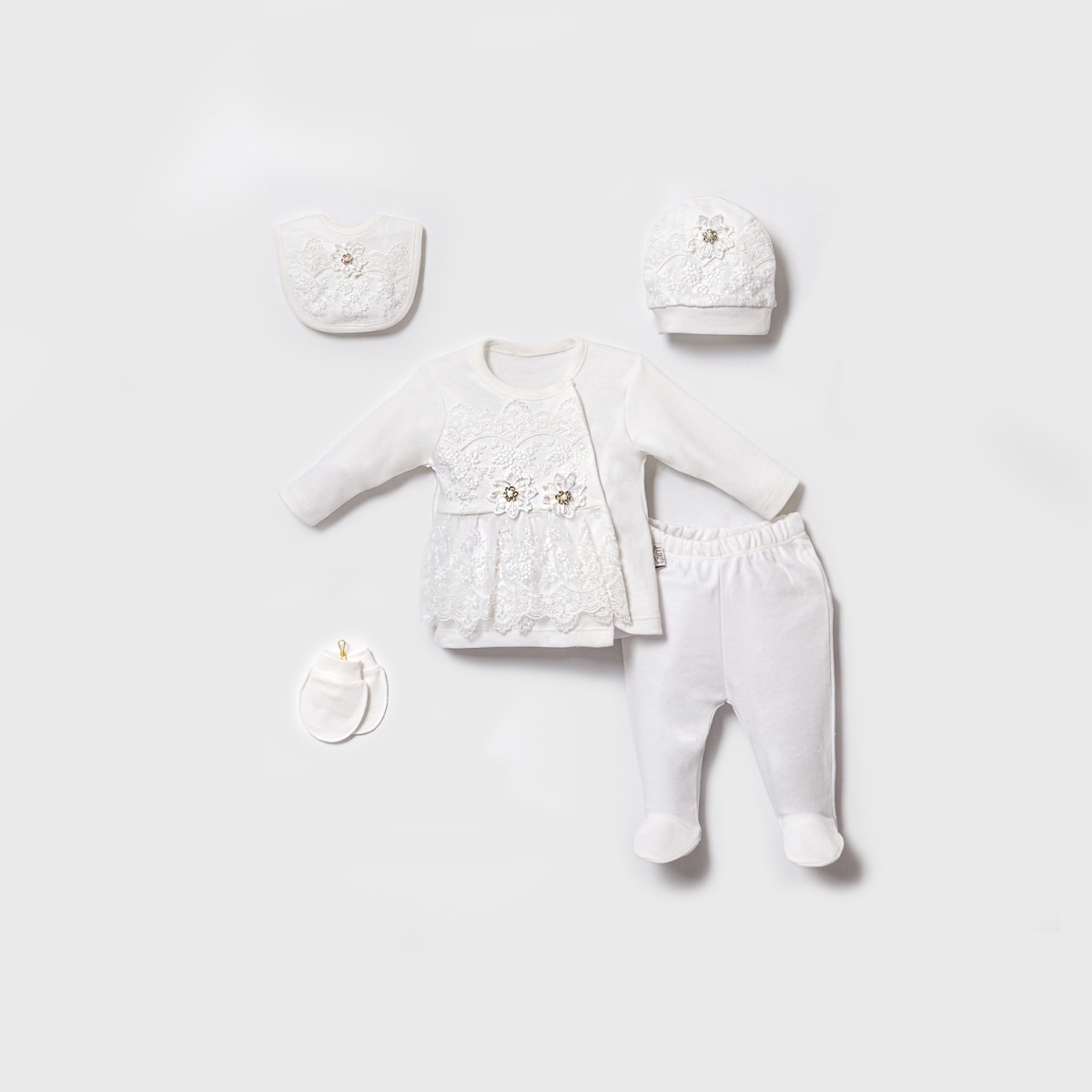 Kız Bebek Kutulu Dantelli 5'li Set Ekru