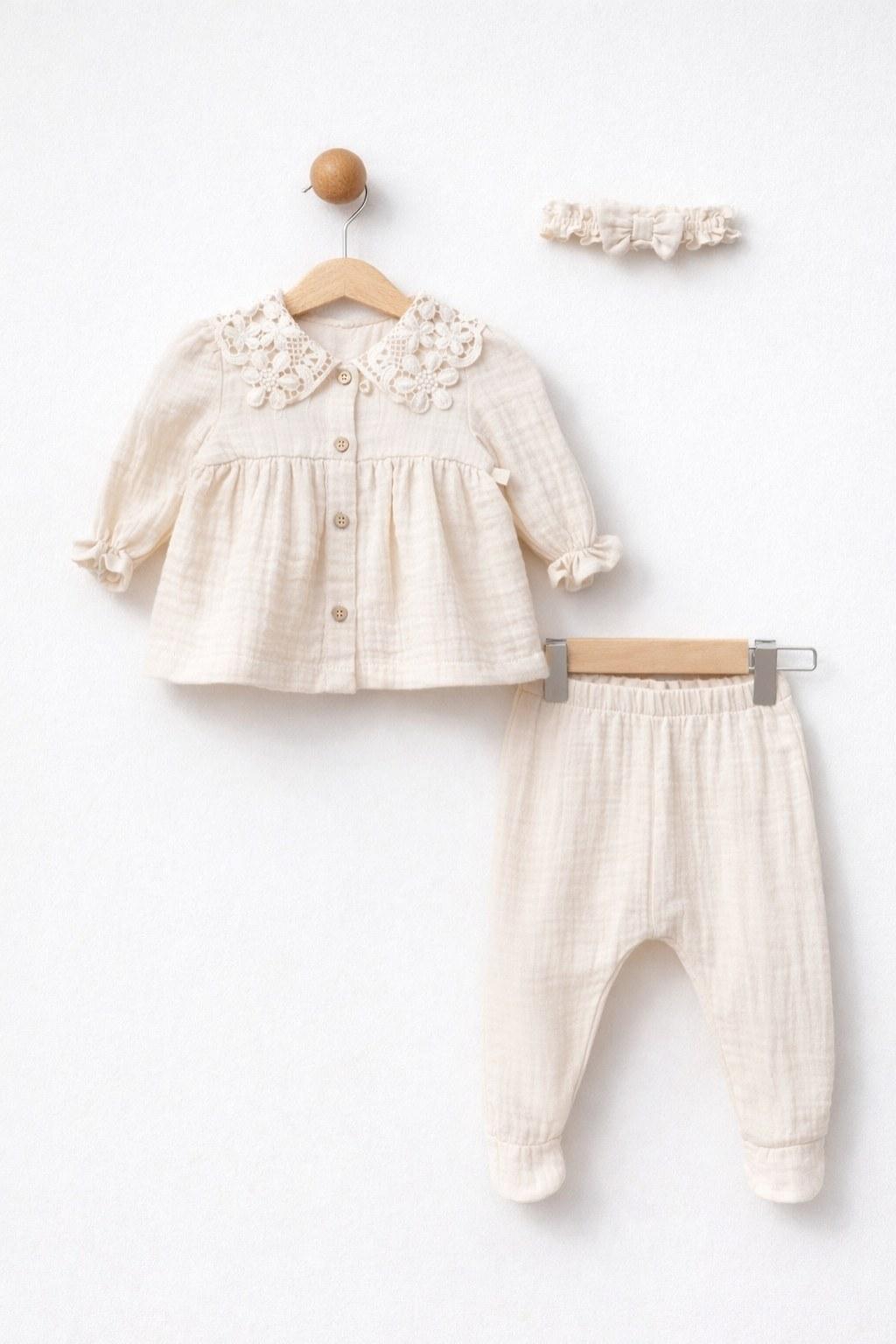 Kız Bebek Saç Bantlı 0-12 Ay Müslin Alt Üst Takım