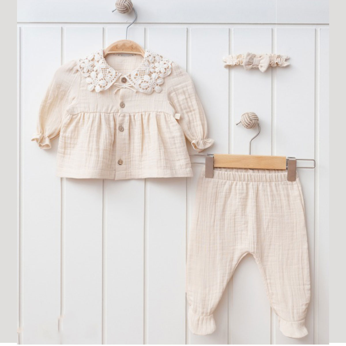 Kız Bebek Saç Bantlı Müslin Alt Üst Takım