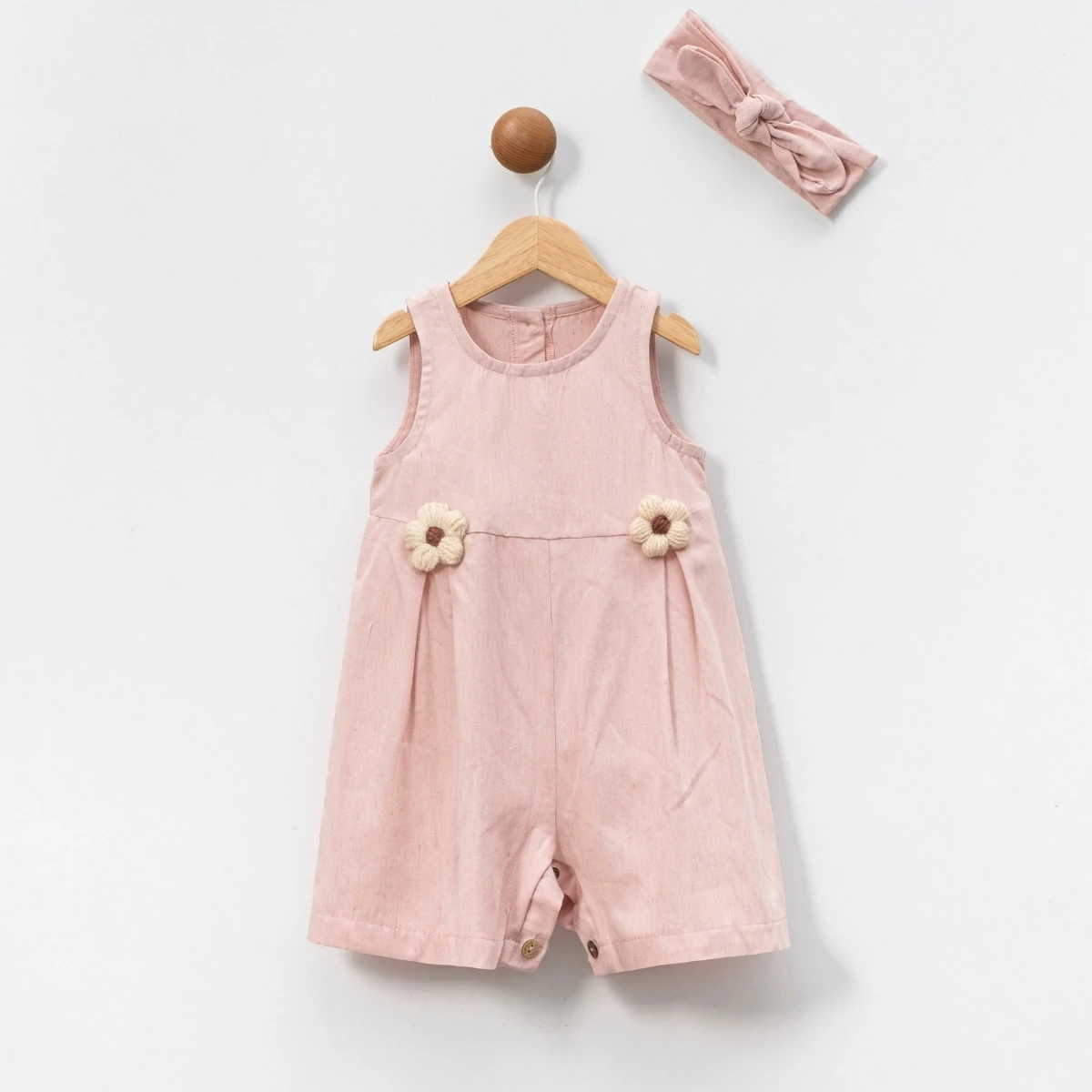 Kız Bebek Papatya Aksesuarlı Bandanalı Tulum Pudra