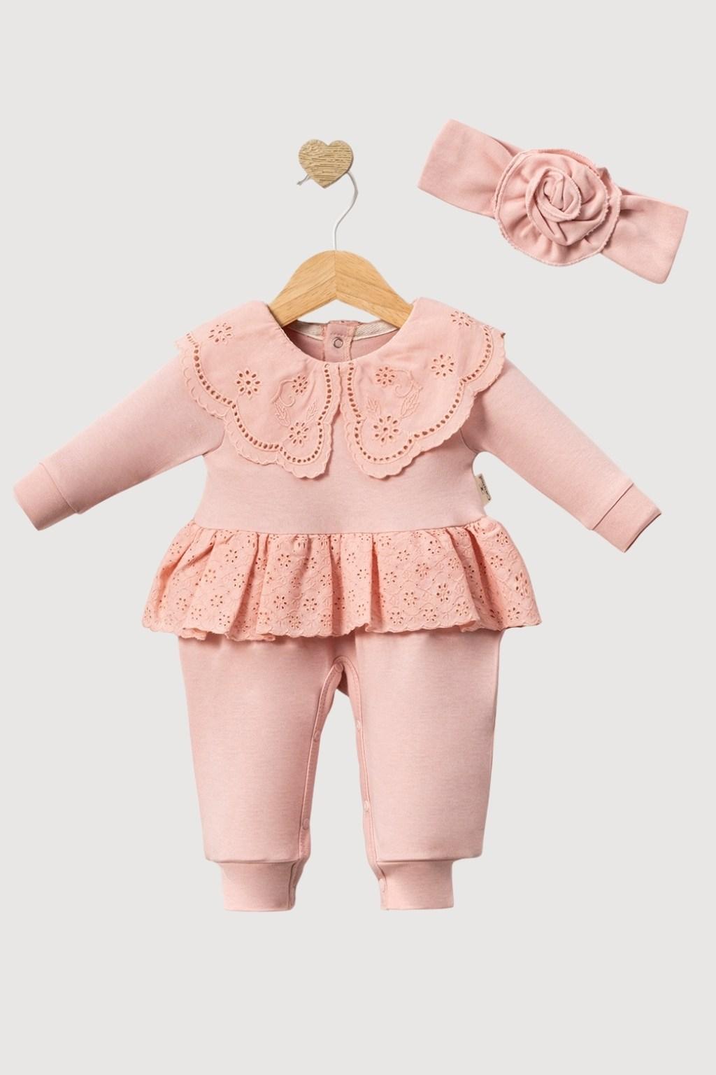 Pudra Fistolu Yaka Kız Bebek Tulum Takım + Saç Bandı 0-12 Ay