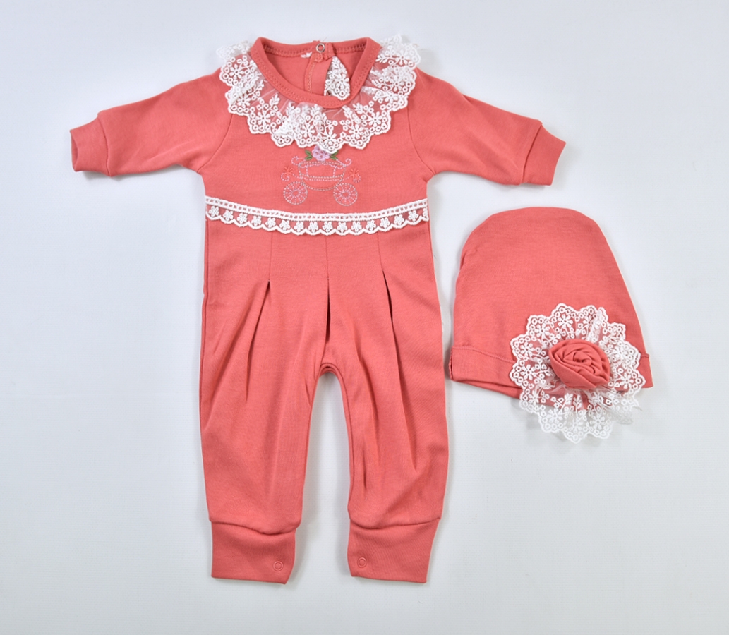 Kız Bebek Dantelli Balkabağı Desen Tulum Mercan