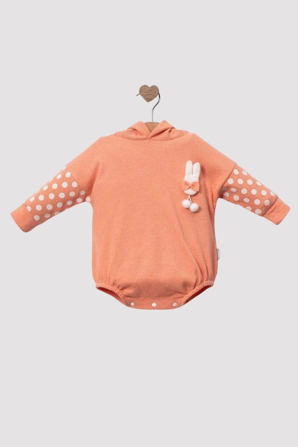Kapüşonlu Tavşan Detaylı Bebek Tulum Body – Somon (0-18 Ay)