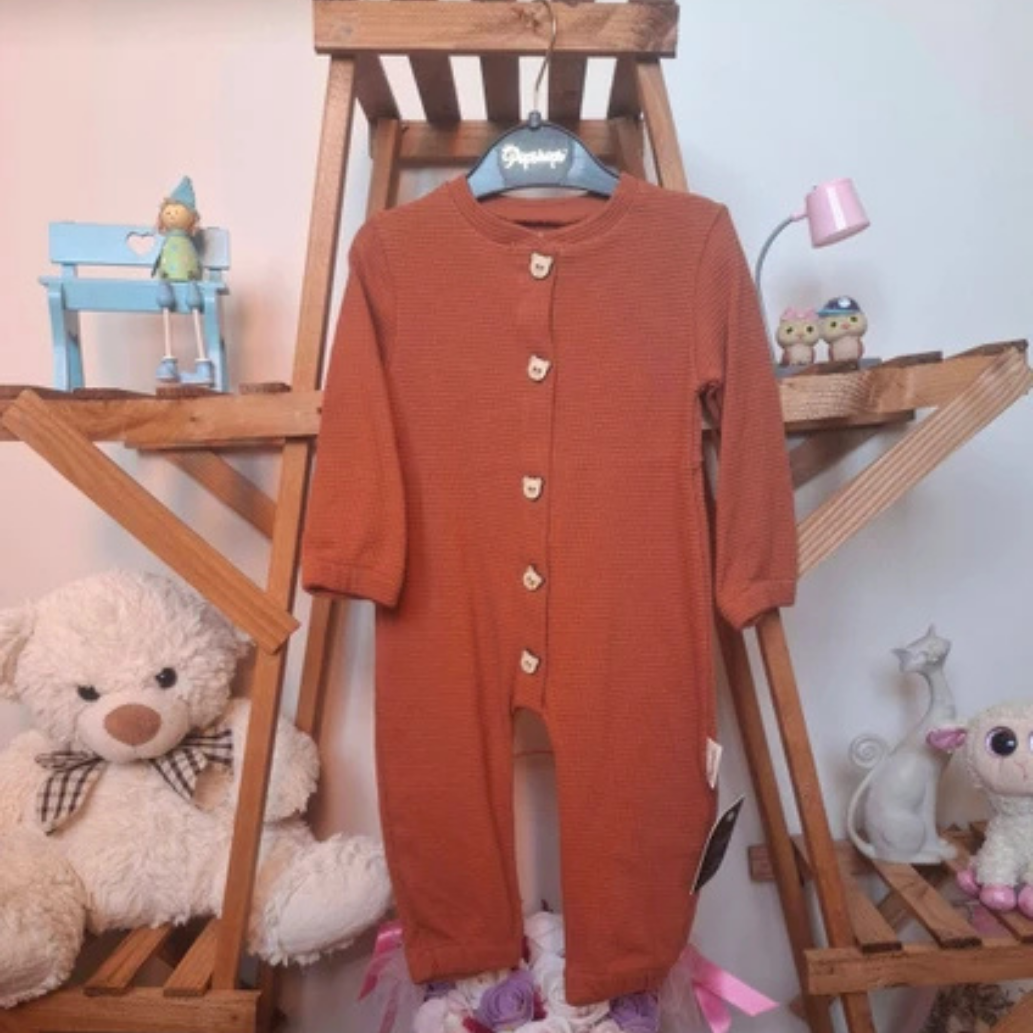 Kız Bebek Ayı Düğmeli Bandanalı Tulum