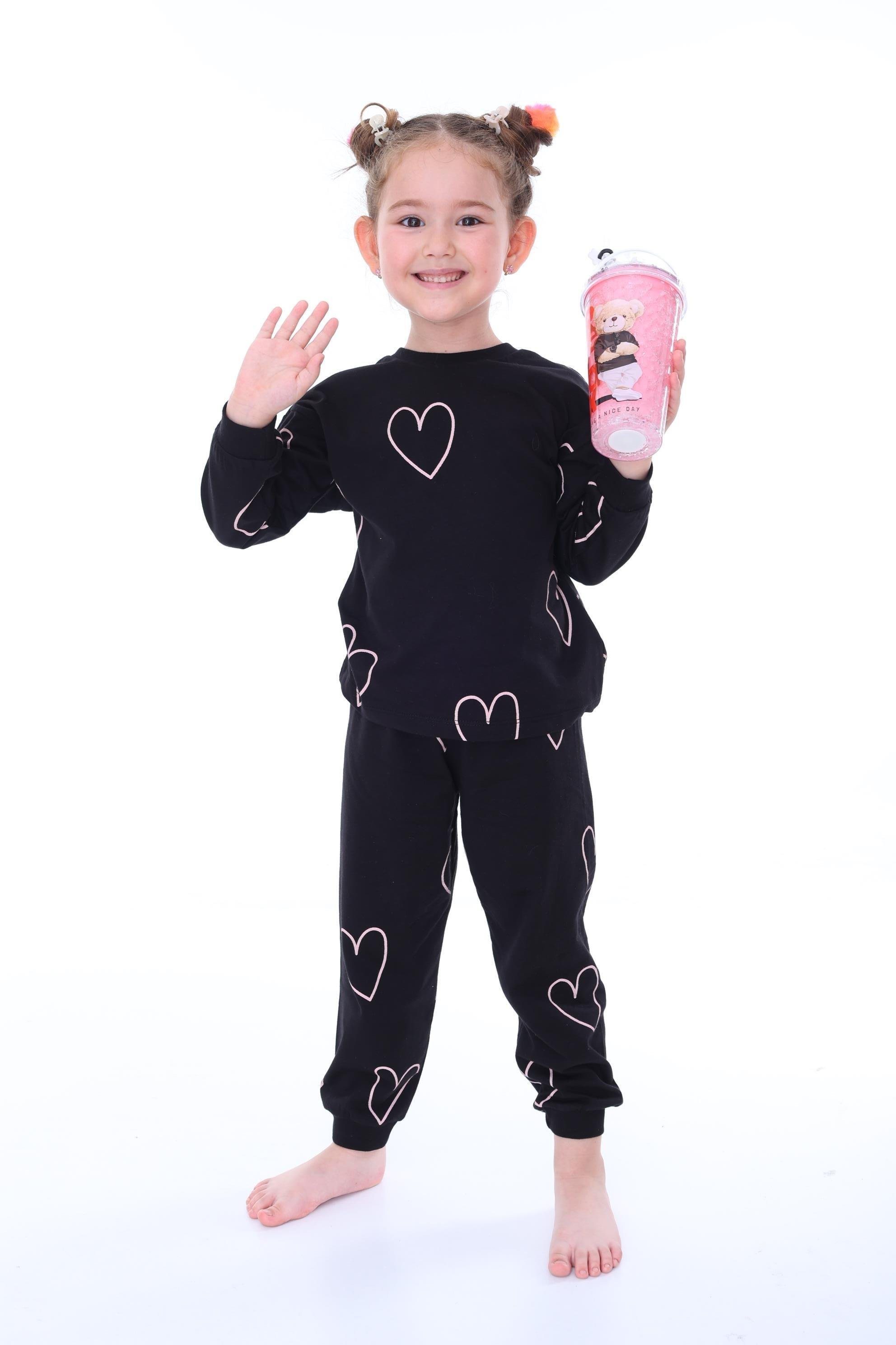 Kız Çocuk Kalp Desenli Pijama Takımı