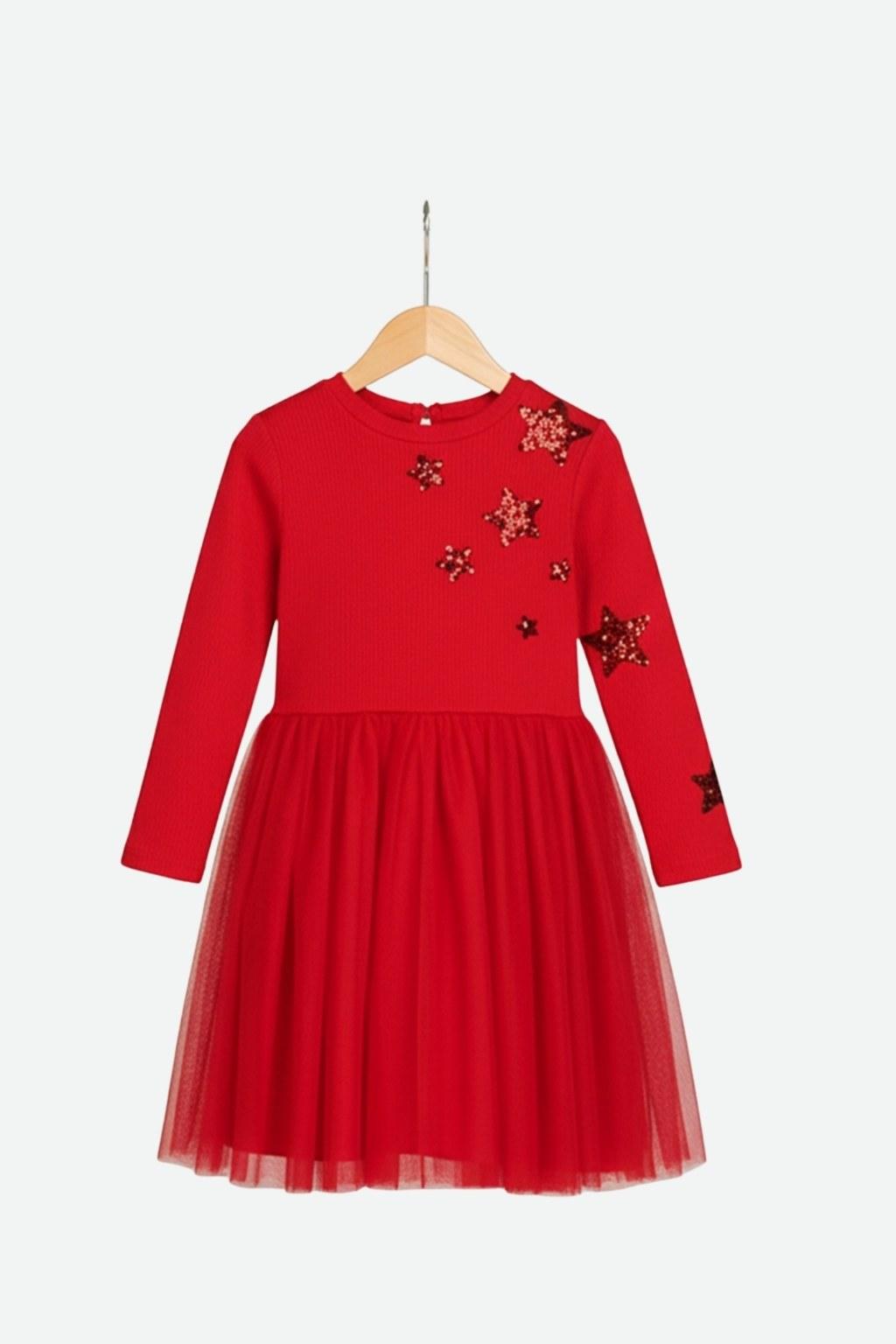 Kız Çocuk 4-9 Yaş Yıldız Desen Kırmızı Elbise