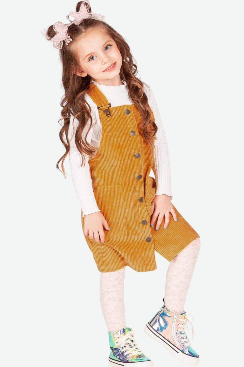 Kız Çocuk 4-9 Yaş İkili Kadife Sarı Elbise