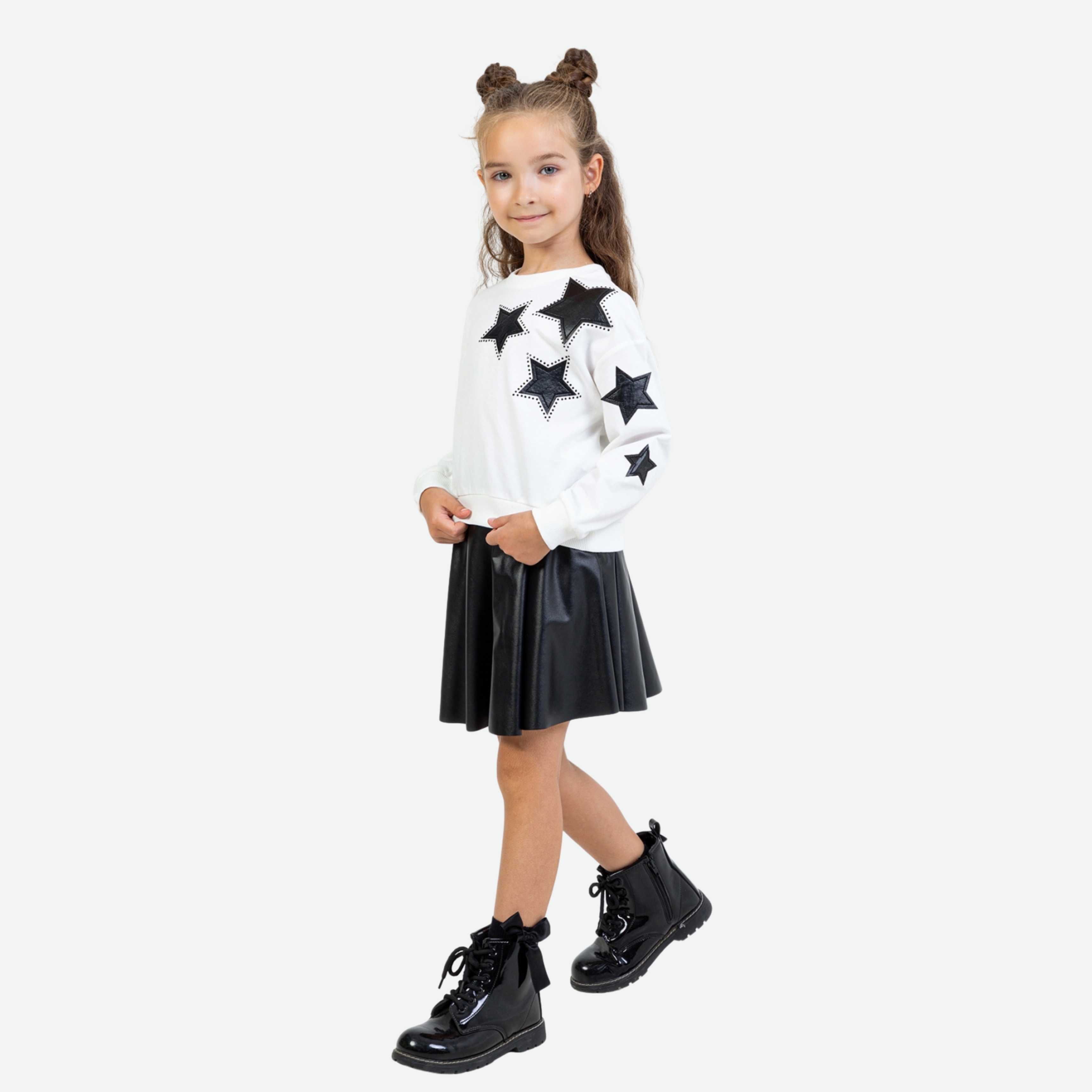 Kız Çocuk Yıldız Desenli Siyah Etekli İkili Takım