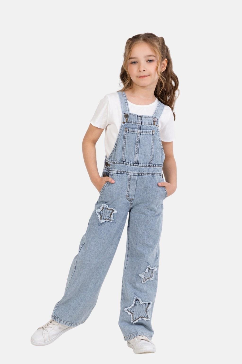 Kız Çocuk 4-9 Yaş Yıldız Desen Denim Salopet