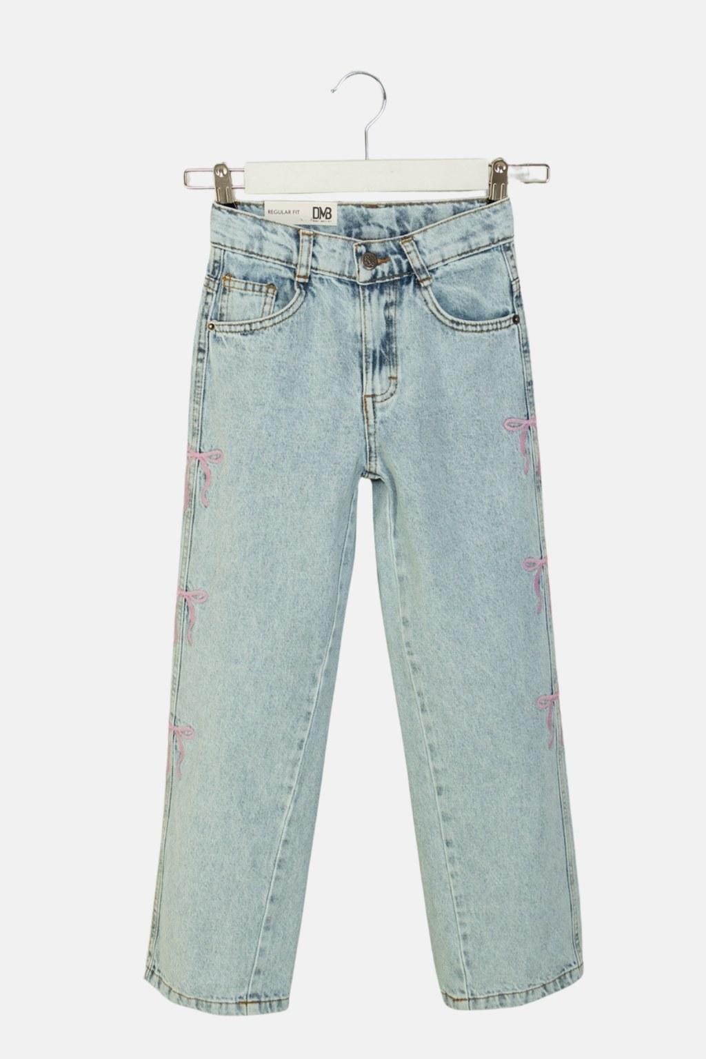 Kız Çocuk 4-9 Yaş Yanları Fiyonk Desenli Denim Pantolon