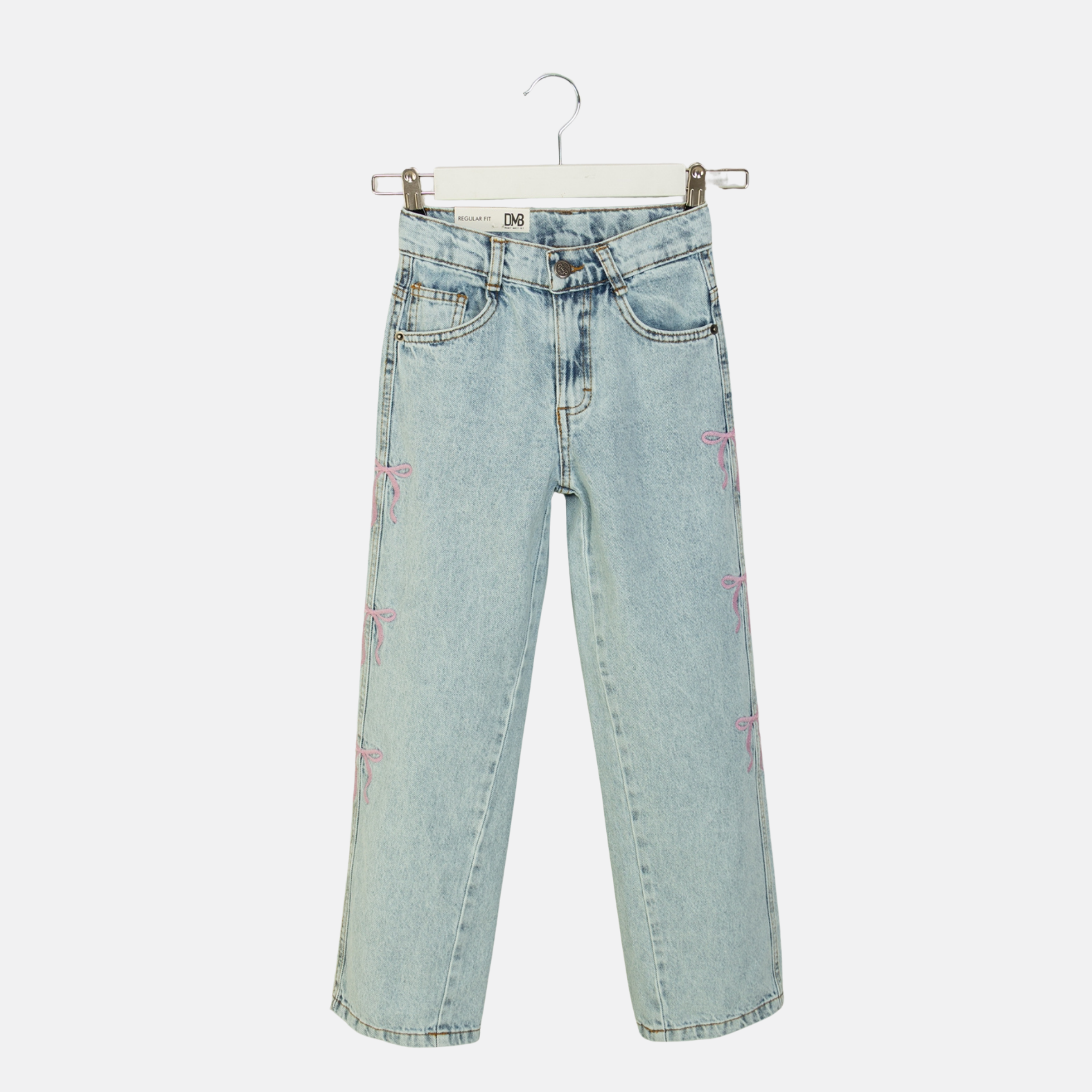 Kız Çocuk Yanları Fiyonk Desenli Denim Pantolon