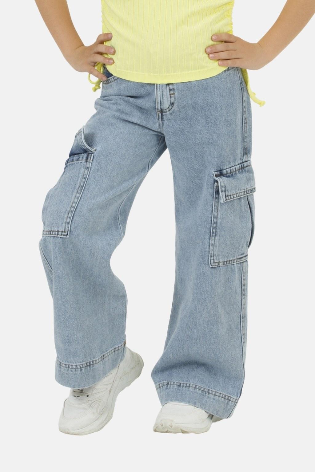 Kız Çocuk Kargo Cepli 4-9 Yaş Denim Pantolon