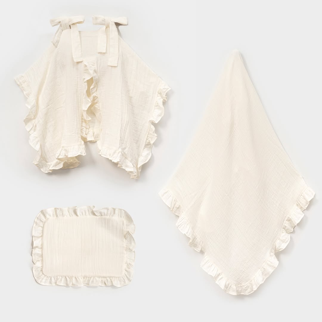 Unısex Müslin Yastık Puset Örtüsü Battaniye Set Krem