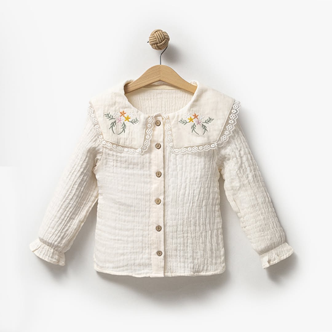 Kız Çocuk 5-8 Yaş Yakası Nakışlı Müslin Gömlek