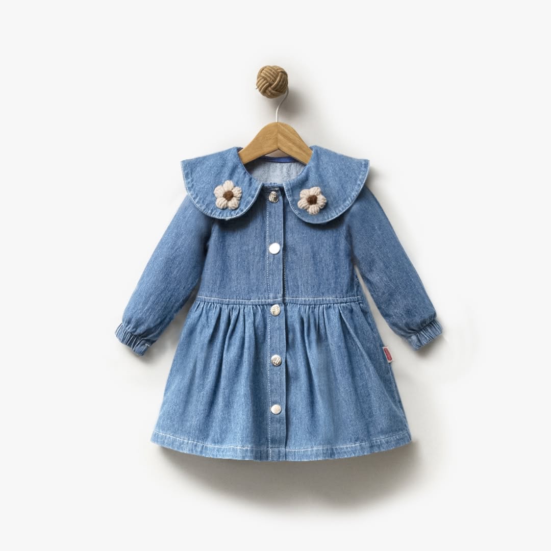 Kız Çocuk 1-4 Yaş Yaka Detaylı Kot Elbise