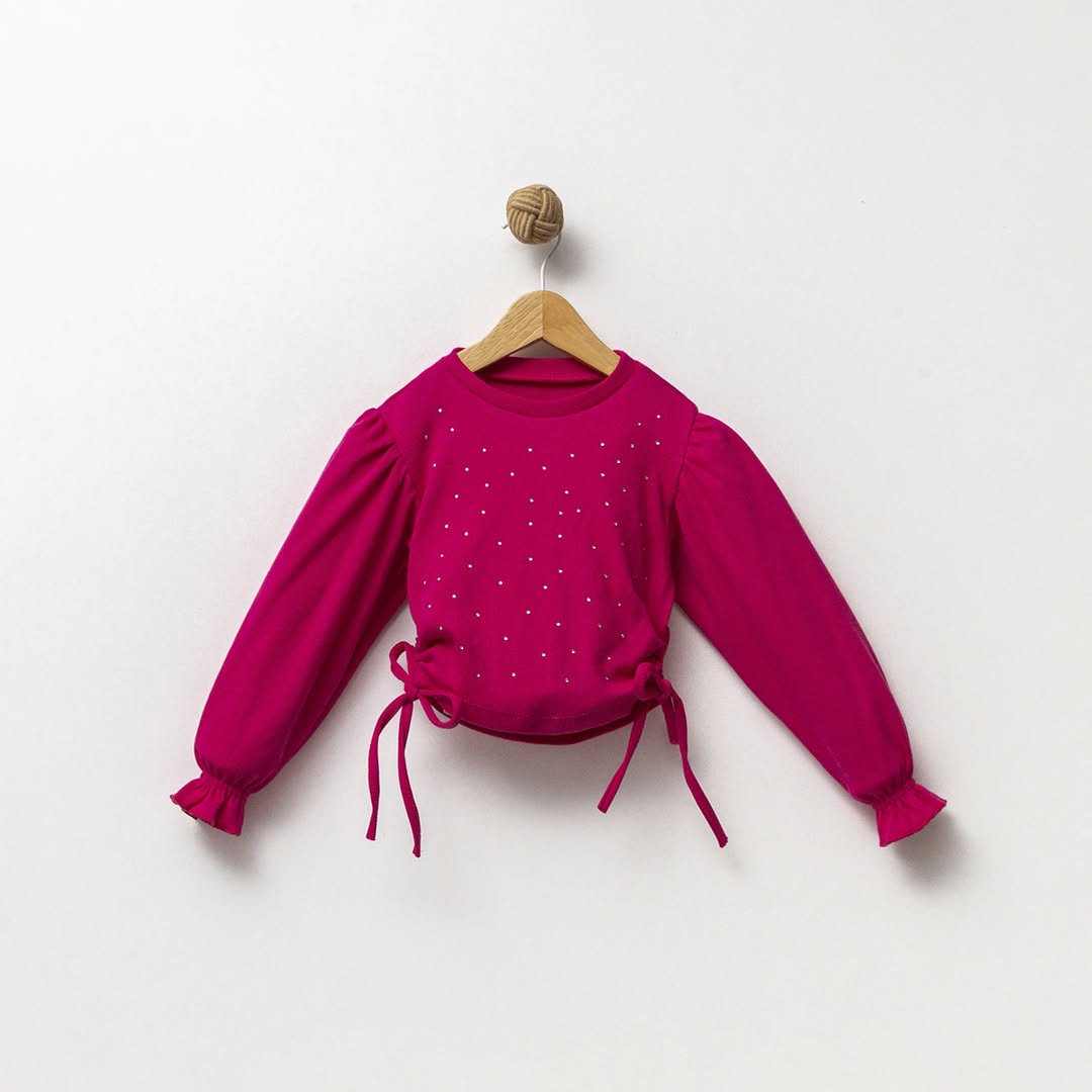 Kız Çocuk 5-8 Yaş Taş Detaylı Uzun Kollu Kaşkorse Fuşya Sweat