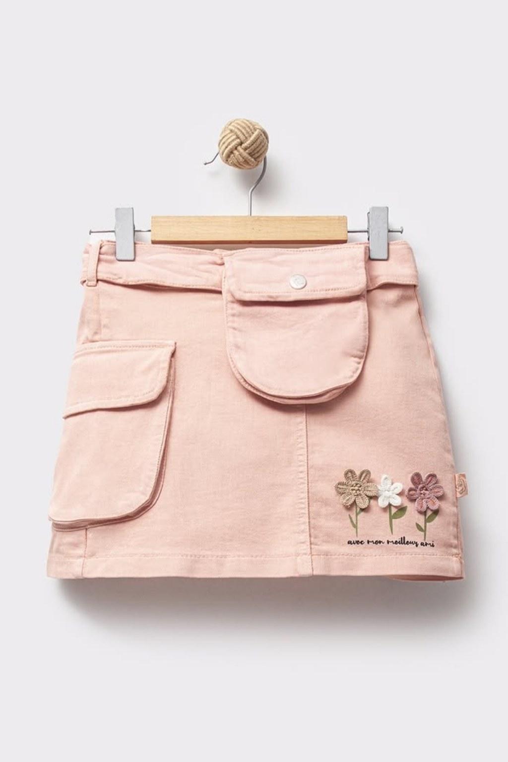 Kız Çocuk 5-8 Yaş Ham Kot Papatya Nakışlı Çantalı Etek