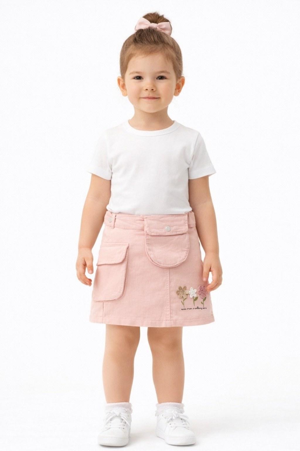 Kız Çocuk 5-8 Yaş Ham Kot Papatya Nakışlı Çantalı Etek