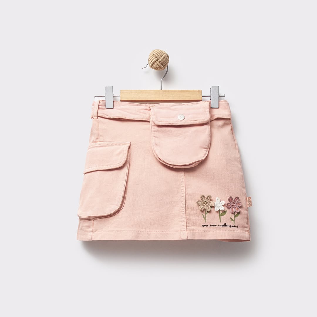 Kız Çocuk 5-8 Yaş Ham Kot Papatya Nakışlı Çantalı Etek