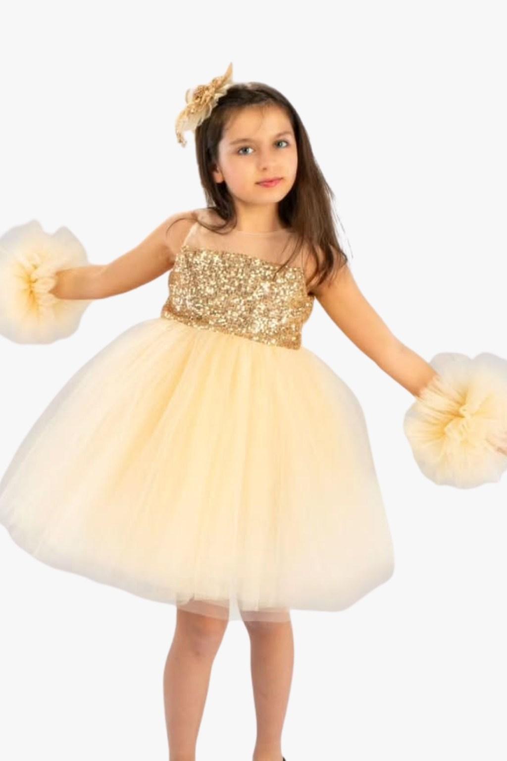 Gold Payetli Kız Çocuk Abiye Elbise – Krem Tütü (6-9 Yaş)