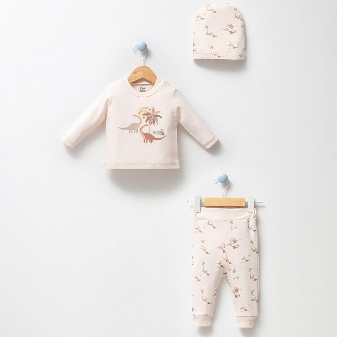 Erkek Bebek 0-12 Ay Dino Desenli Şapkalı İkili Takım