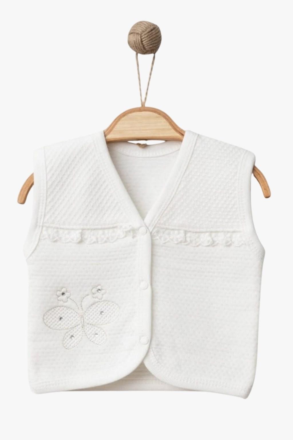 Kelebek Nakışlı Bebek Yelek – Ekru (0-12 Ay)