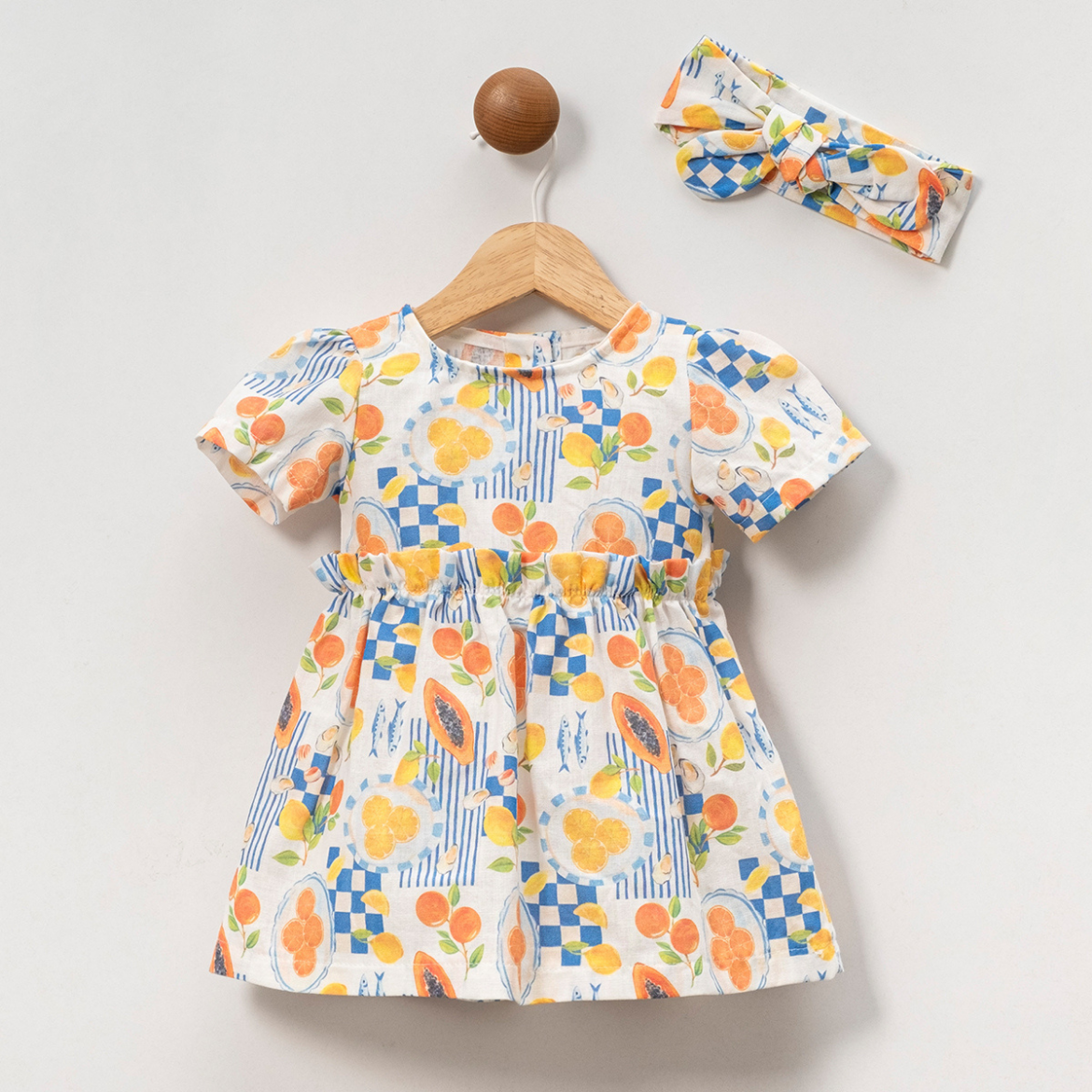 Kız Bebek 3-18 Ay Meyve Baskılı Bandanalı Elbise