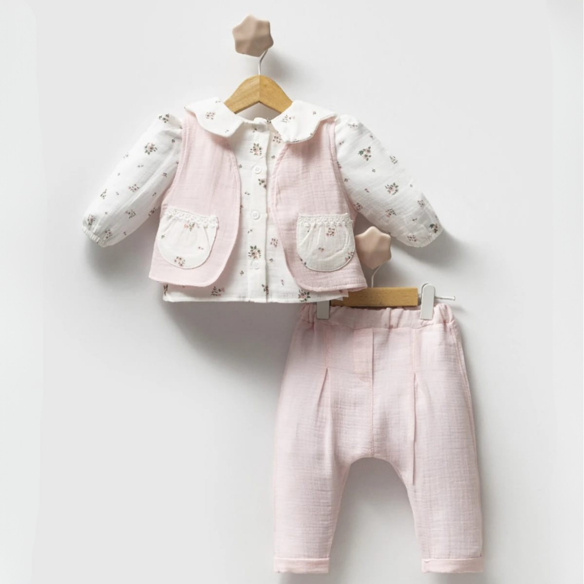 Kız Bebek 6-18 Ay Müslin Hırkalı Üçlü Takım