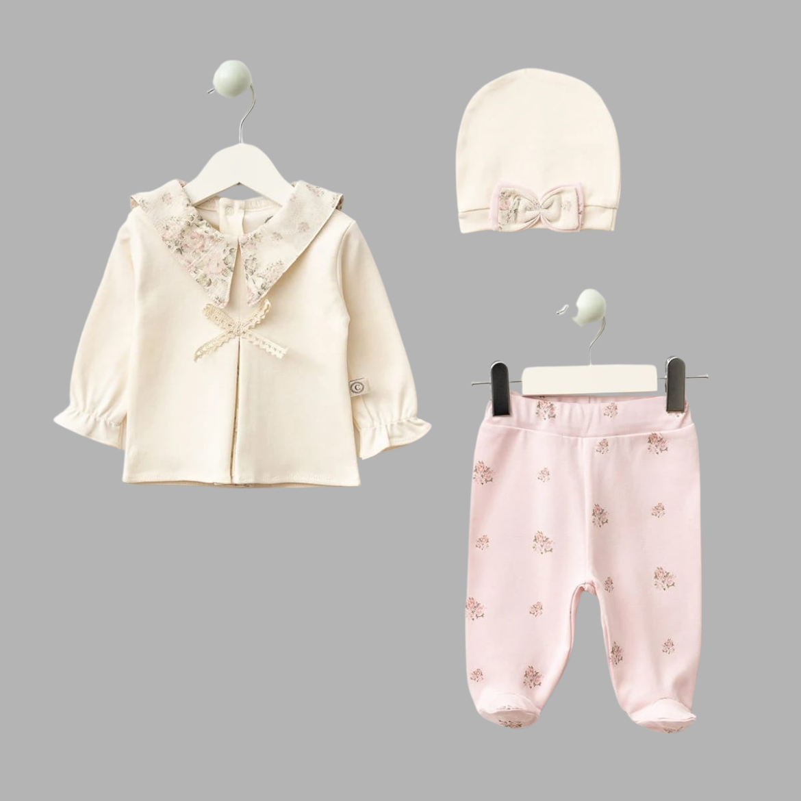 Kız Bebek 0-6 Ay Natural Çiçek Desen Üçlü Takım
