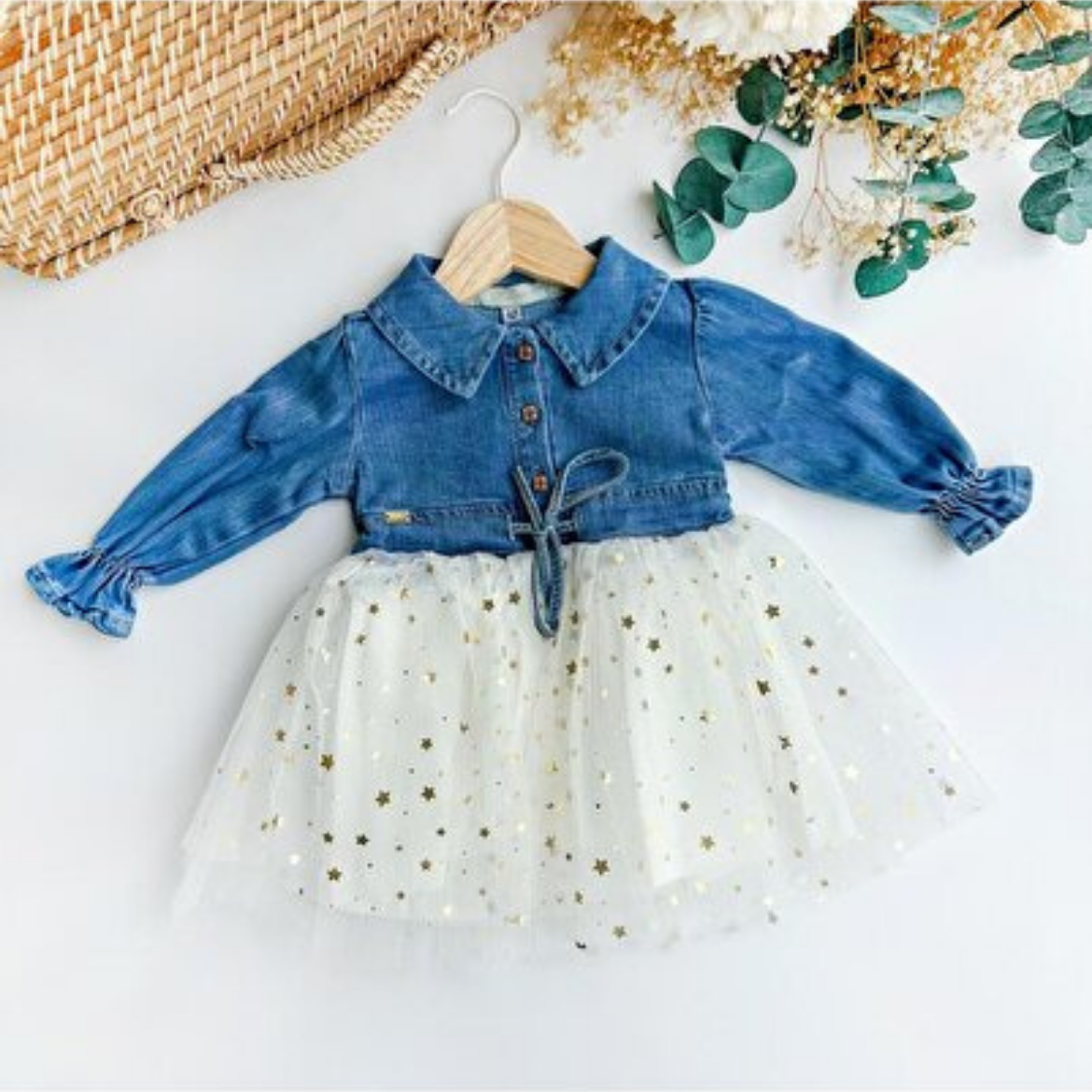 Kız Bebek 3-36 Ay Yıldız Desen Üstü Kot Tül Elbise