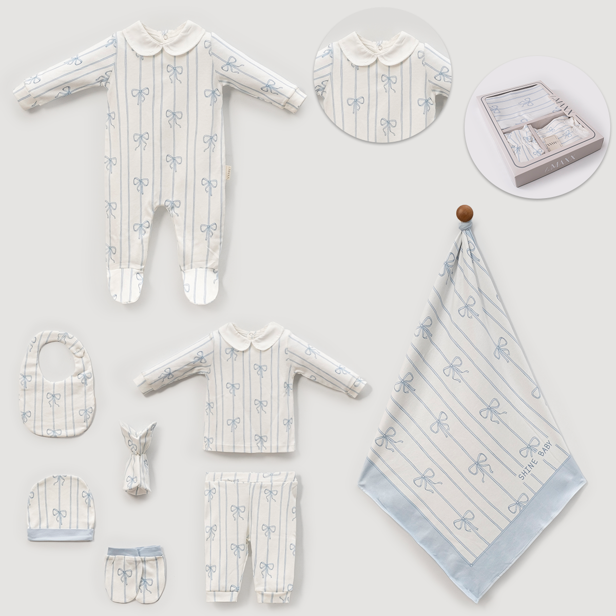 Kız Bebek 0-3 Ay Fiyonk Desenli Çizgili Kutulu Hastane Çıkış Seti