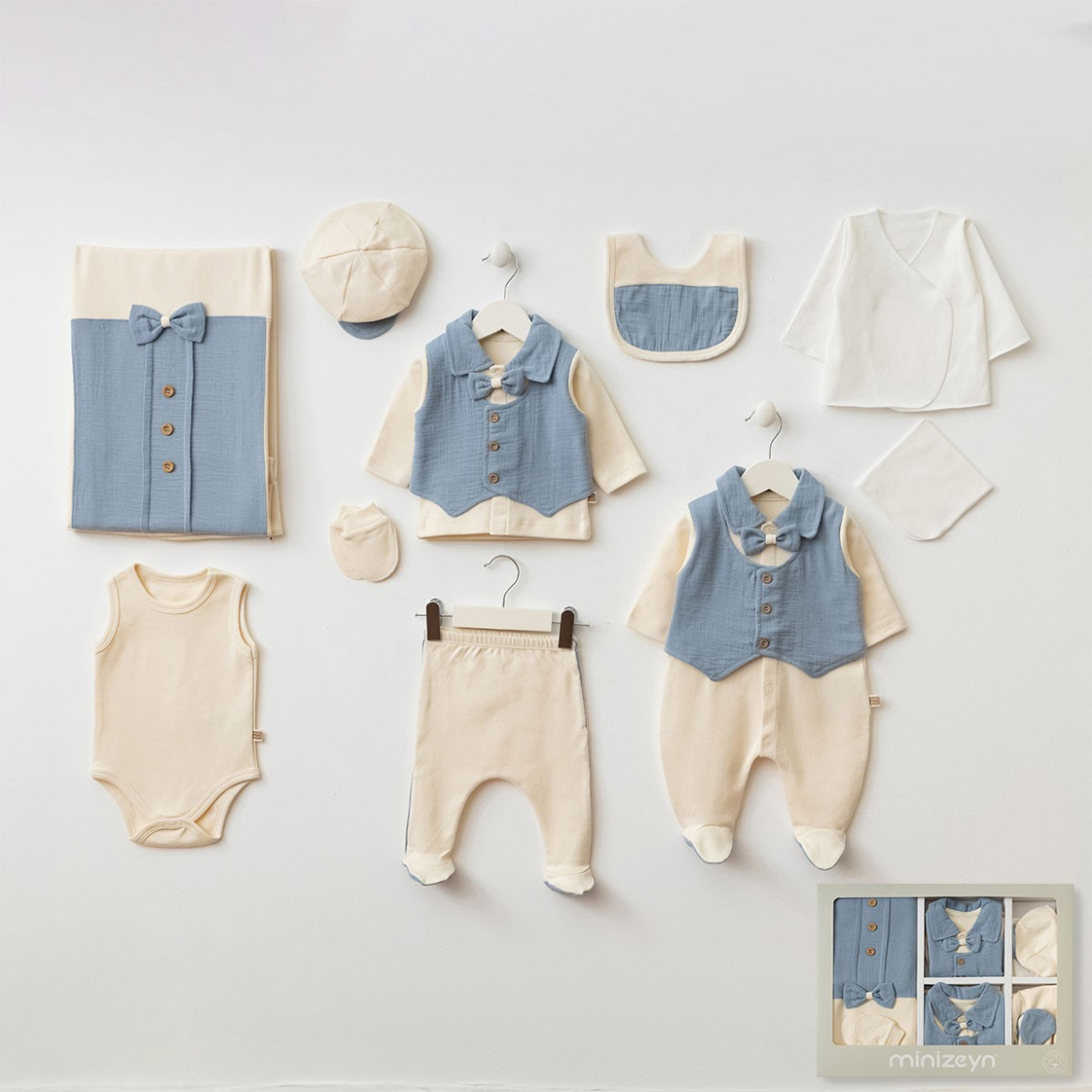 Erkek Bebek Yelek Detaylı Müslin 10'lu Hastane Çıkış Seti