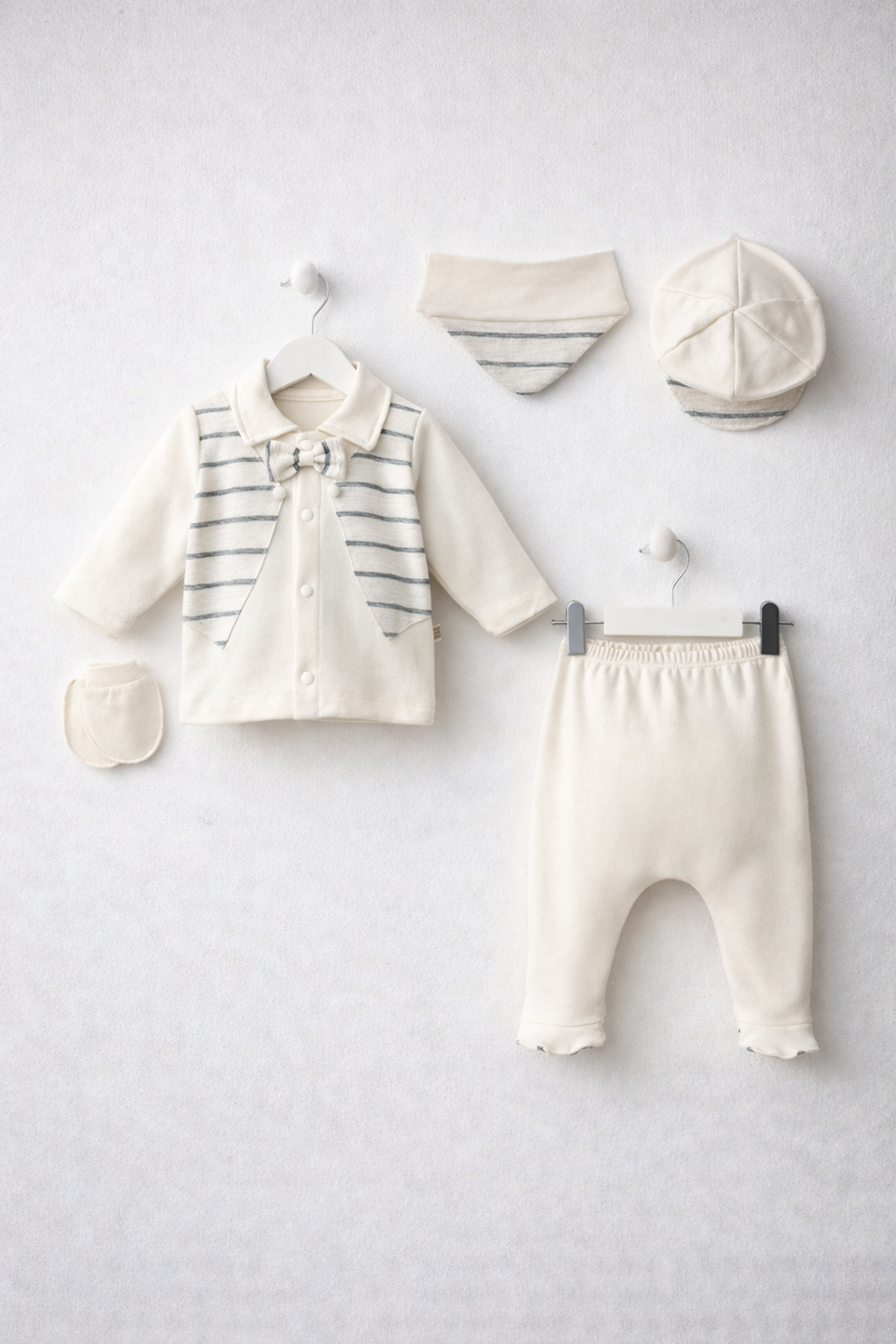 Erkek Bebek Yenidoğan Hastane Çıkışı 5’li Set | Çizgili Yelek Görünümlü | %100 Pamuk (Krem)