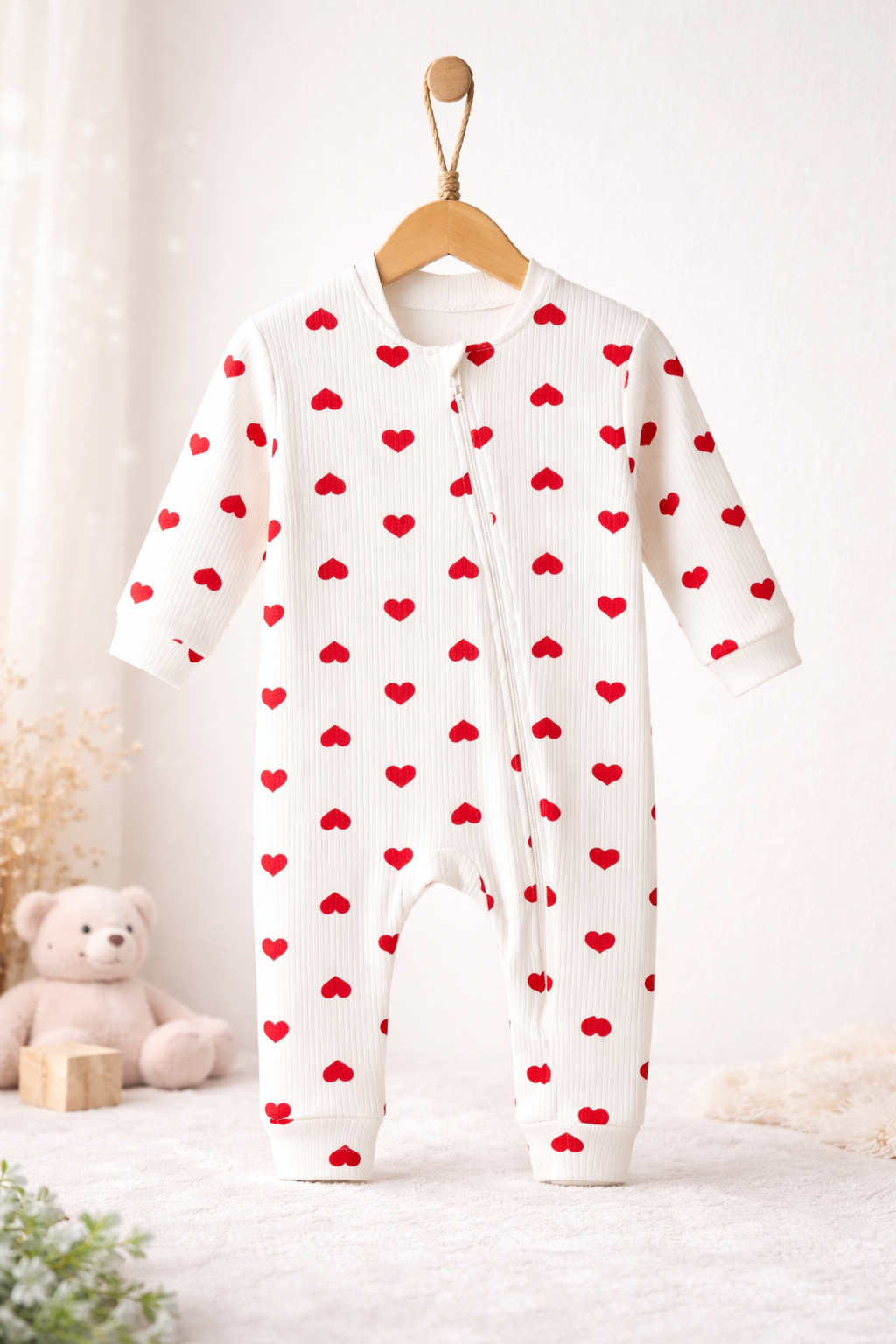 Kız Çocuk 1-3 Yaş Kalpli Uyku Tulumu | Pamuklu Fermuarlı