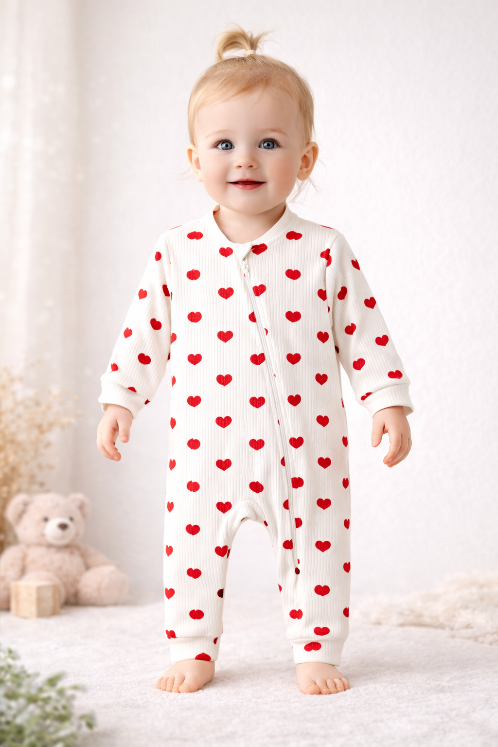 Kız Çocuk 1-3 Yaş Kalpli Uyku Tulumu | Pamuklu Fermuarlı