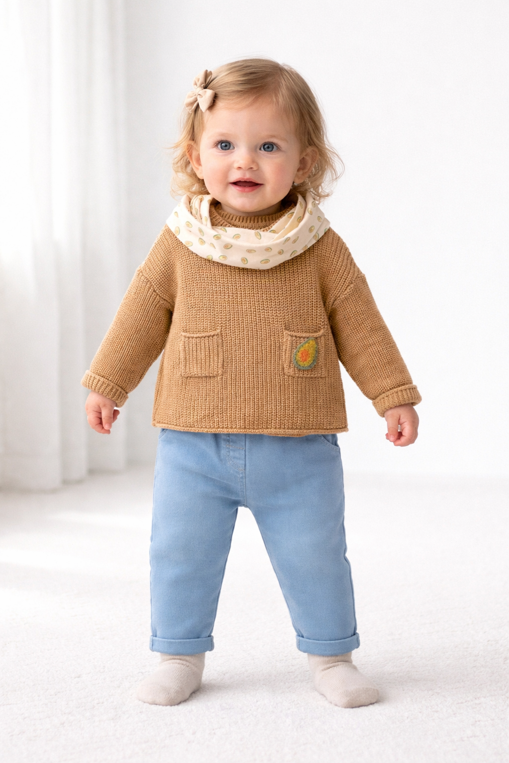 Kız Bebek Triko Kazak & Pantolon Takım + Desenli Fular (9-24 Ay)