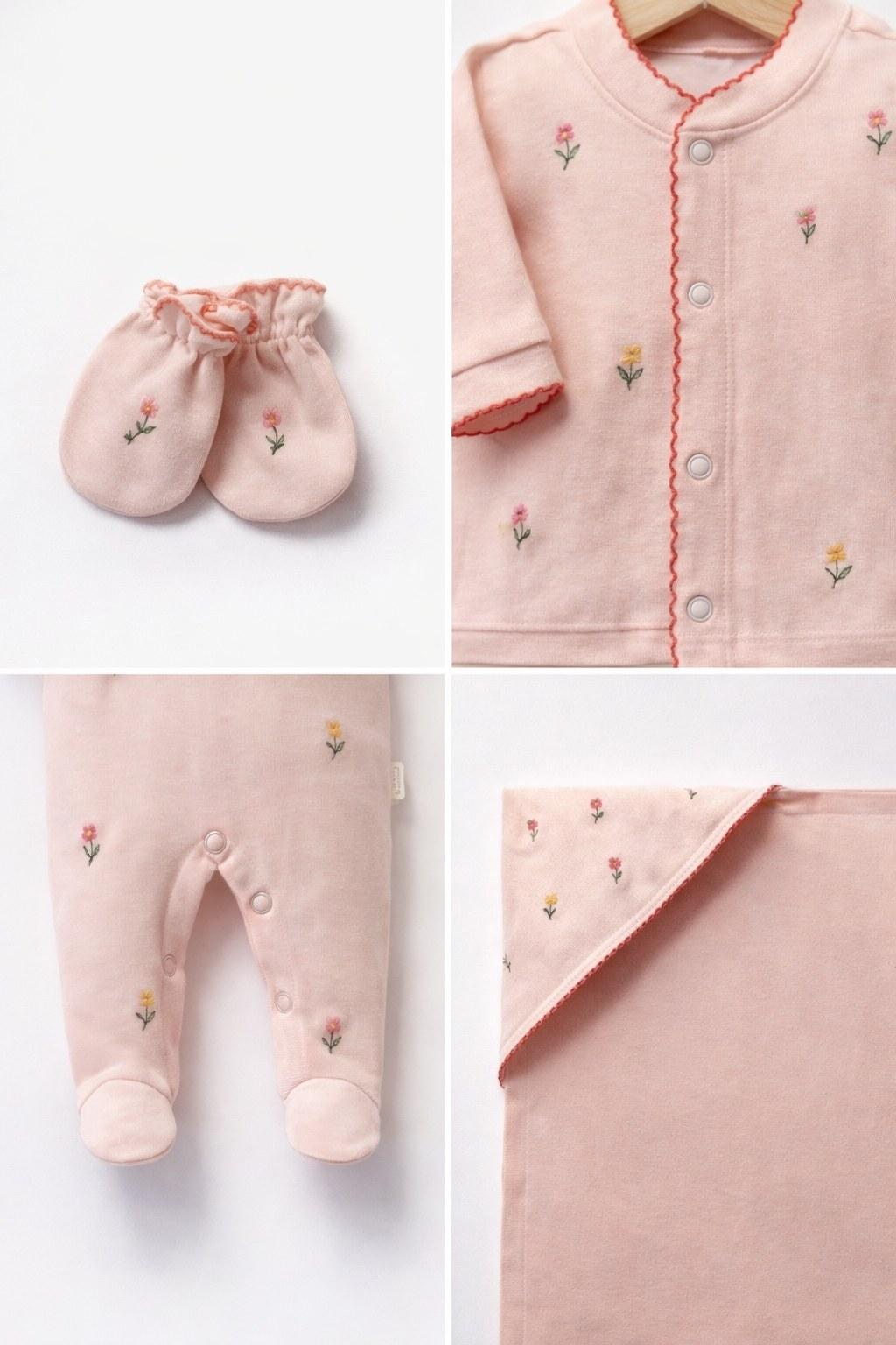 Kız Bebek Çiçek Nakışlı 10'lu Hastane Çıkışı Seti - Pudra