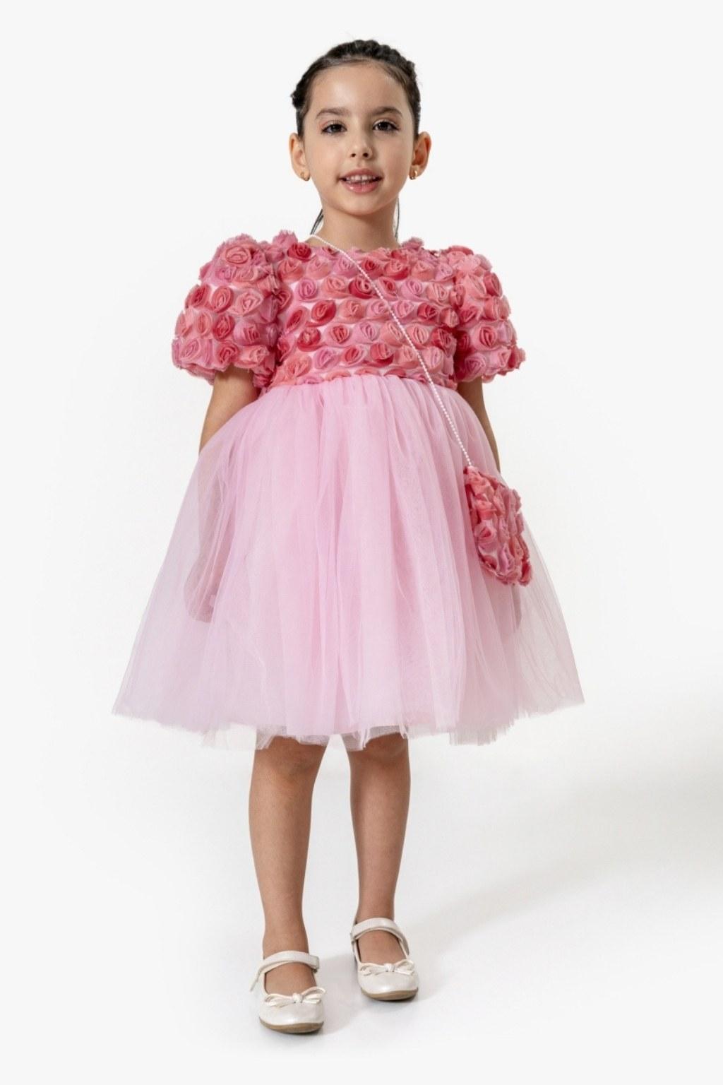 2-5 Yaş Kız Çocuk Gül Detaylı Pembe Tüllü Elbise Çantalı