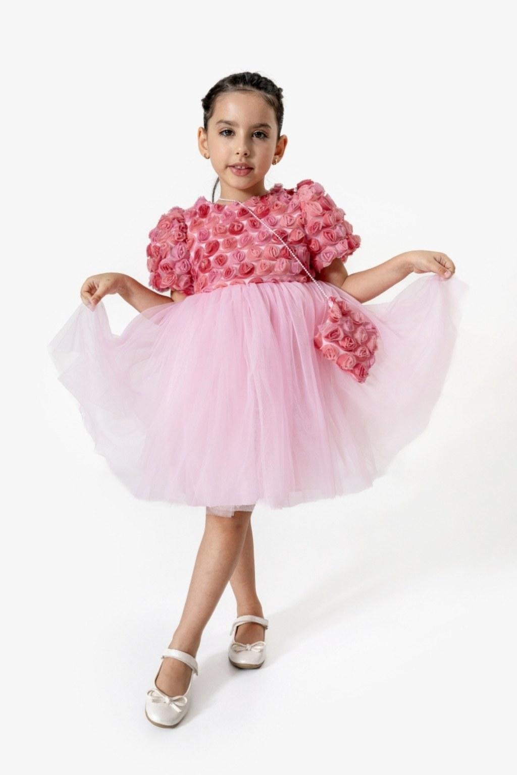 2-5 Yaş Kız Çocuk Gül Detaylı Pembe Tüllü Elbise Çantalı