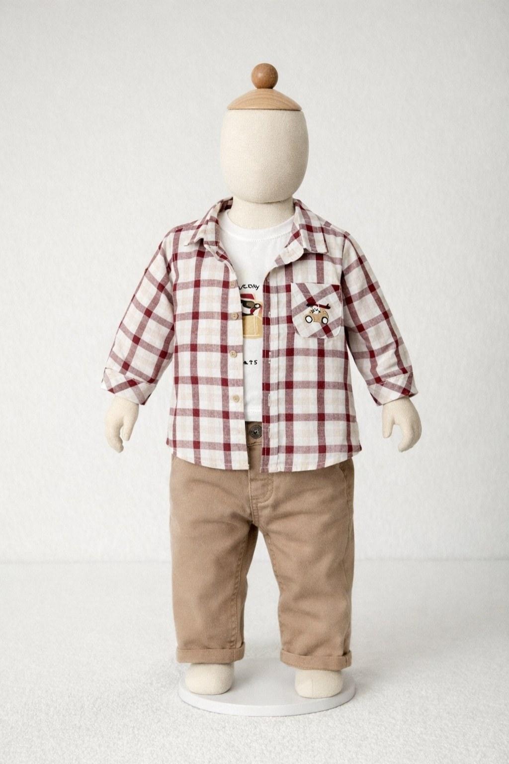 Erkek Çocuk Ekose Gömlek + Tişört + Bej Pantolon 3’lü Takım (6-24 Ay)
