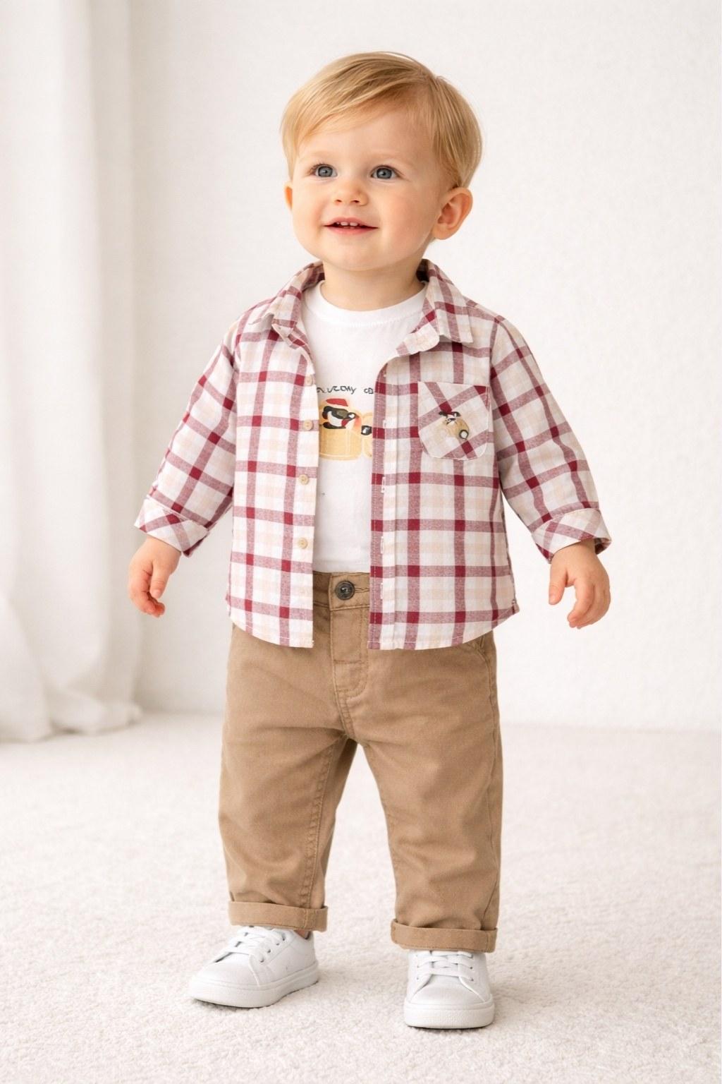 Erkek Çocuk Ekose Gömlek + Tişört + Bej Pantolon 3’lü Takım (6-24 Ay)