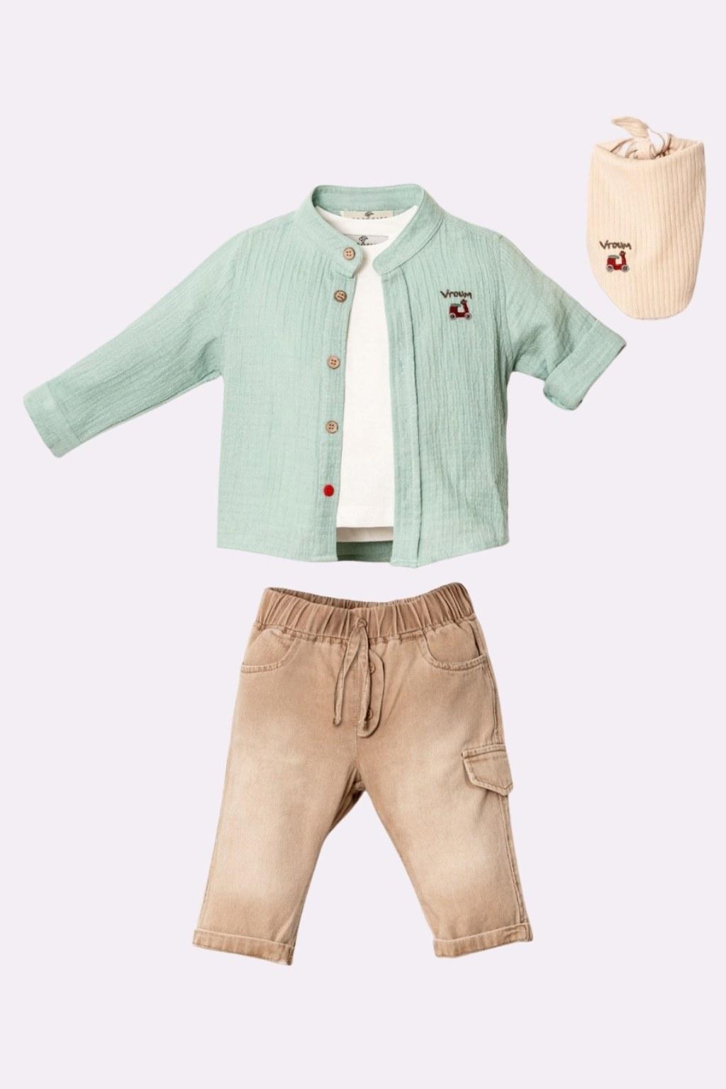 Erkek Bebek Fularlı 3’lü Takım Mint- Bej | 6-24 Ay