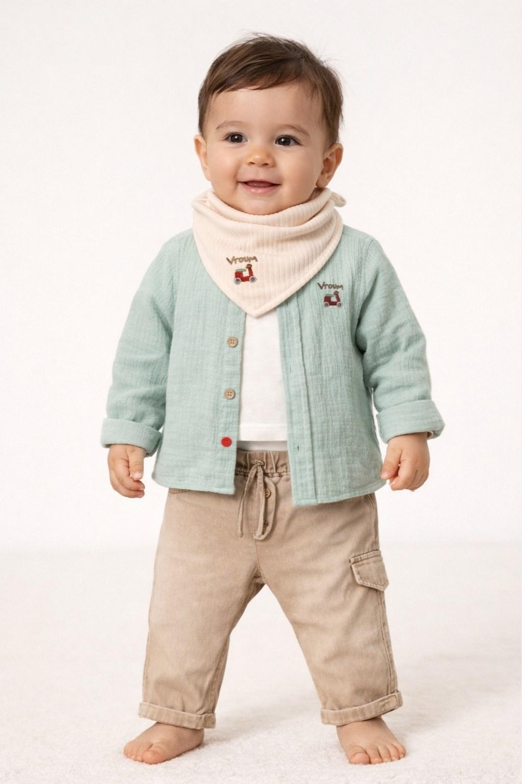 Erkek Bebek Fularlı 3’lü Takım Mint- Bej | 6-24 Ay