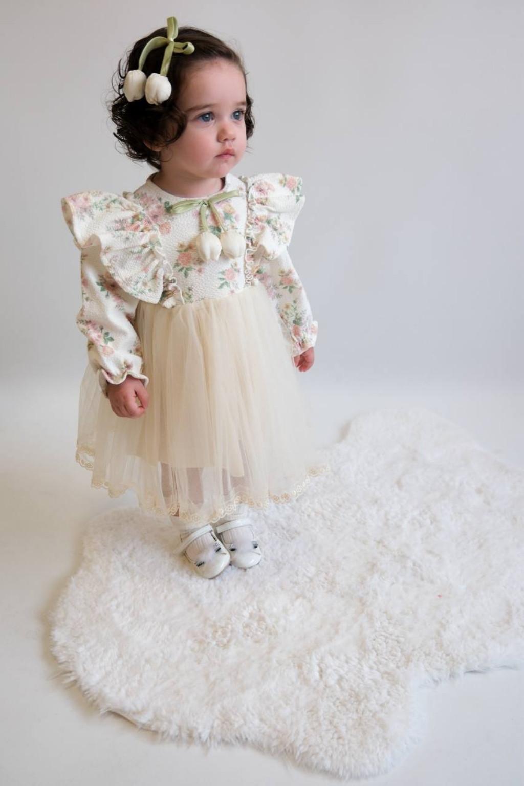 Kız Bebek 6-24 Ay Çiçek Desenli Tüllü Elbise (Fırfır Yaka)