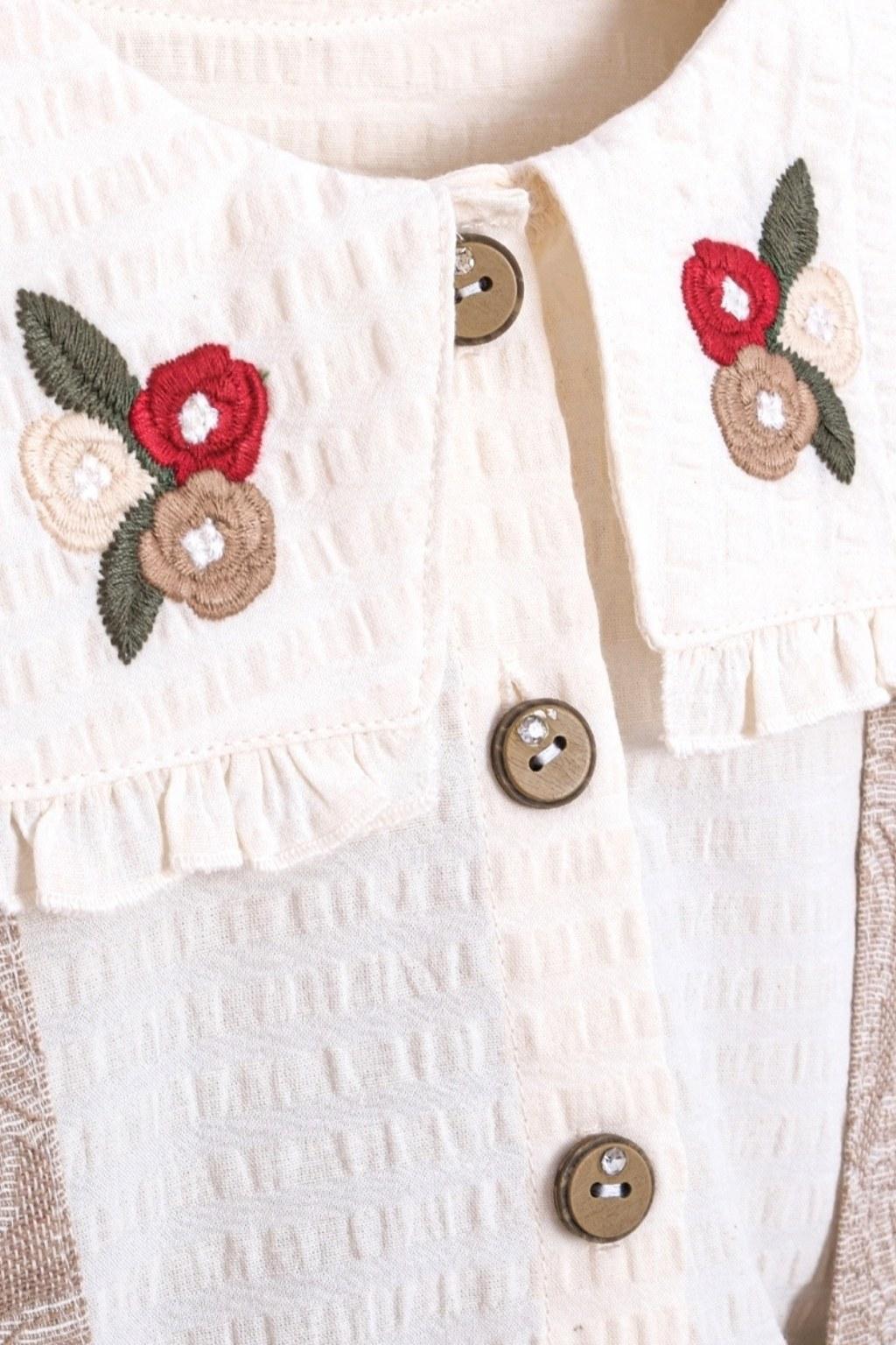 Kız Çocuk 2-5 Yaş Nakışlı Yaka Salopet Takım Ekru Vizon