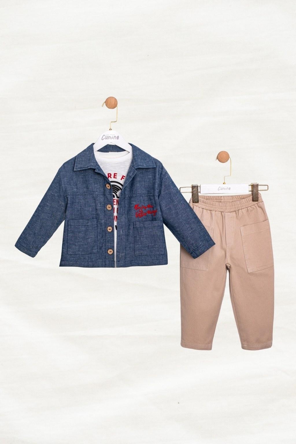 Erkek Çocuk 2-5 Yaş Denim Görünümlü Gömlekli 3’lü Takım