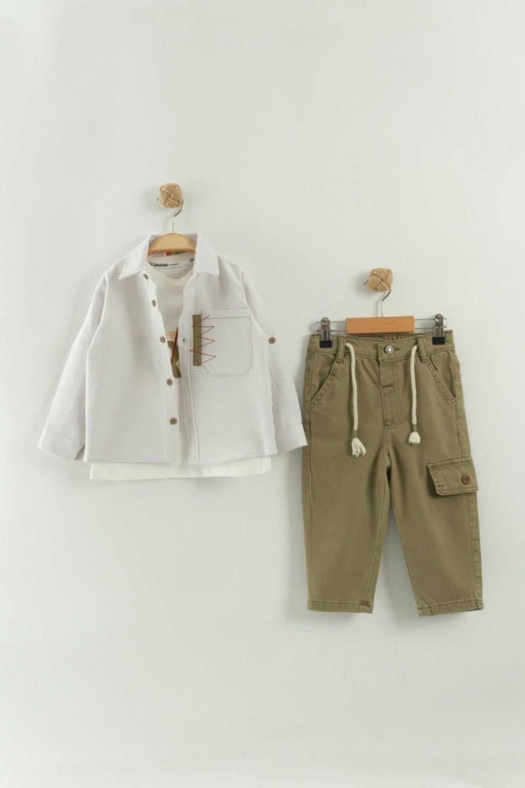 Erkek Çocuk 2-5 Yaş Beyaz Gömlekli Haki Kargo Pantolon Takım